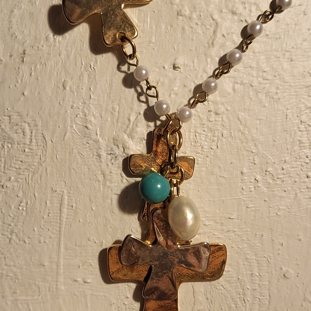 NWT KIM ROGERS  Gold/silver and Turquoise Cross Pendant Necklace